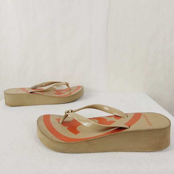 Tory Burch Logo thong wedge slip on sandal Size 8 orange and tan Casual - Picture 4 of 7